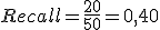 Recall=\frac{20}{50}=0{,}40