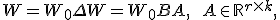 W = W_0 + \Delta W = W_0 + B A, \qquad A \in \mathbb{R}^{r\times k},\; B \in \mathbb{R}^{d\times r}