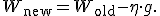 W_{\text{new}} = W_{\text{old}} - \eta \cdot g.