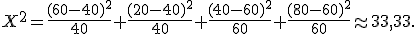 X^2=\frac{(60-40)^2}{40}+\frac{(20-40)^2}{40}+\frac{(40-60)^2}{60}+\frac{(80-60)^2}{60}\approx33{,}33.