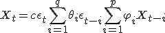 X_t = c + \epsilon_t + \sum_{i=1}^q \theta_i \epsilon_{t-i} + \sum_{i=1}^p \varphi_i X_{t-i}