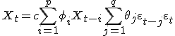 X_t = c + \sum_{i=1}^{p} \phi_i X_{t-i} + \sum_{j=1}^{q} \theta_j \varepsilon_{t-j} + \varepsilon_t