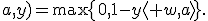 \ell(w;a,y)=\max\{0,1-y\langle w,a\rangle\}.