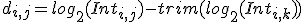 d_{i,j} = log_2(Int_{i,j}) - trim(log_2(Int_{i,k}))