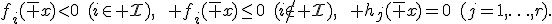 f_i(\bar x)<0\quad(i\in\mathcal I),\qquad f_i(\bar x)\leq0\quad(i\notin\mathcal I),\qquad h_j(\bar x)=0\quad(j=1,\ldots,r).