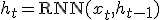 
h_t = \text{RNN}(x_t, h_{t-1})
