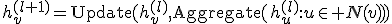 h_v^{(l+1)}=\operatorname{Update}(h_v^{(l)},\operatorname{Aggregate}({h_u^{(l)}:u\in N(v)}))