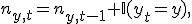 
n_{y,t}=n_{y,t-1}+\mathbb{I}(y_t=y),
