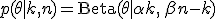 p(\theta \mid k, n) = \mathrm{Beta}(\theta \mid \alpha + k,\, \beta + n - k)
