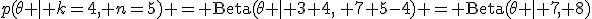 p(\theta \mid k{=}4, n{=}5) = \mathrm{Beta}(\theta \mid 3+4,\, 7+5-4) = \mathrm{Beta}(\theta \mid 7, 8)