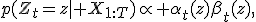 p(Z_t=z\mid X_{1:T})\propto \alpha_t(z)\beta_t(z),