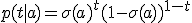 p(t \mid a) = \sigma(a)^t (1 - \sigma(a))^{1-t}