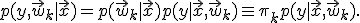 
	p(y, \vec{w}_k | \vec{x}) = p(\vec{w}_k | \vec{x}) p(y | \vec{x}, \vec{w}_k) \equiv \pi_{k} p(y | \vec{x}, \vec{w}_k).
