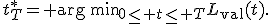 t^*_T={\rm arg\,min}_{0\leq t\leq T}L_{\mathrm{val}}(t).