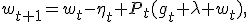 w_{t+1}=w_t-\eta_t P_t(g_t+\lambda w_t),