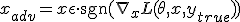 x_{adv} = x + \epsilon \cdot \mathrm{sgn}(\nabla_x L(\theta, x, y_{true}))