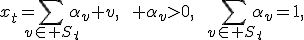 x_t=\sum_{v\in S_t}\alpha_v v,\qquad \alpha_v>0,\qquad\sum_{v\in S_t}\alpha_v=1,