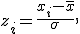 
z_i = \frac{x_i - \bar{x}}{\sigma},
