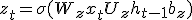 z_t = \sigma(W_z x_t + U_z h_{t-1} + b_z)